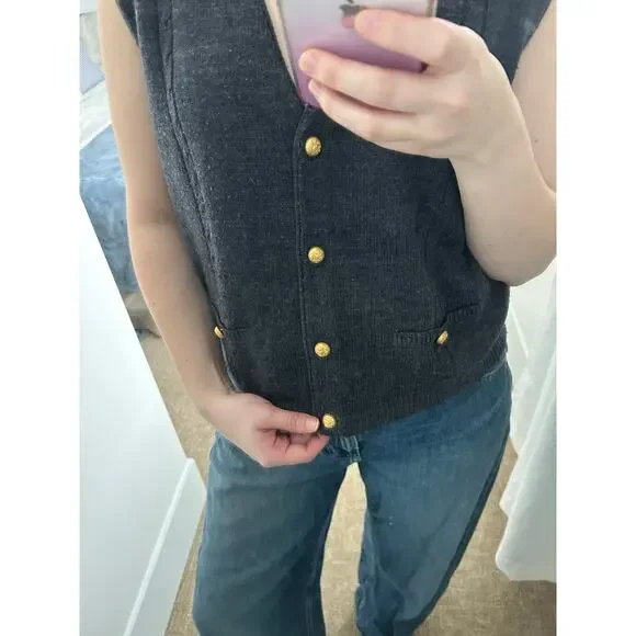 Vintage Sag Harbour dark grey gold button v neck sweater vest sz M-L - Picture 3 of 8